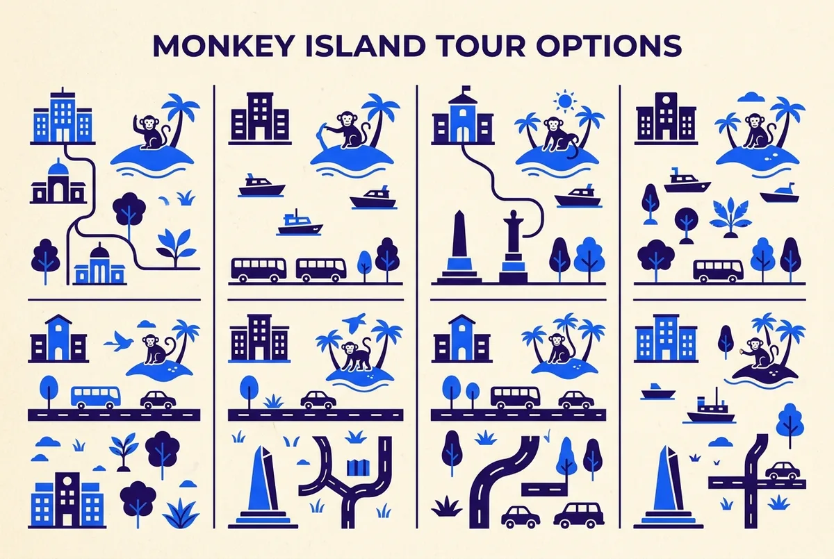 Simple comparison infographic of eight panama monkey island tours by price and duration, clean icons, no stock ratings
