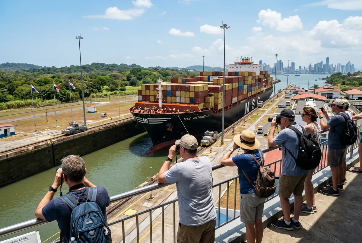 Visitors leaning on a railing at the Miraflores Locks observation deck watching a cargo ship pass through the Panama Canal, bright midday sun