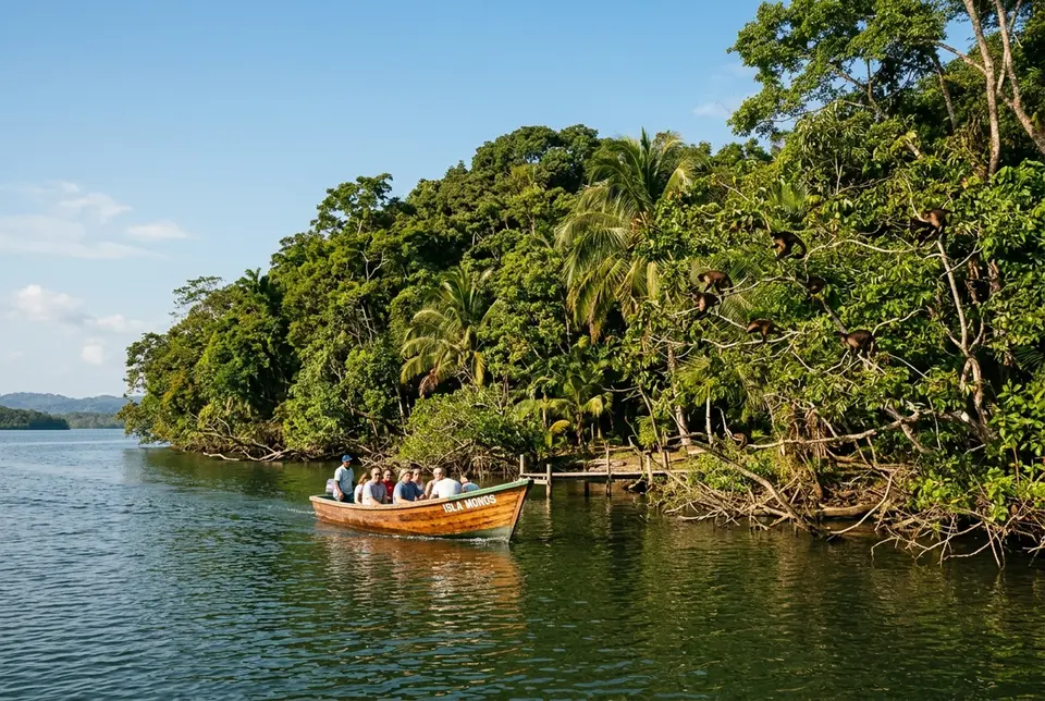 Boat approaching Monkey Island under clear blue dry season skies with monkeys visible in the shoreline canopy, best time to visit monkey island panama
