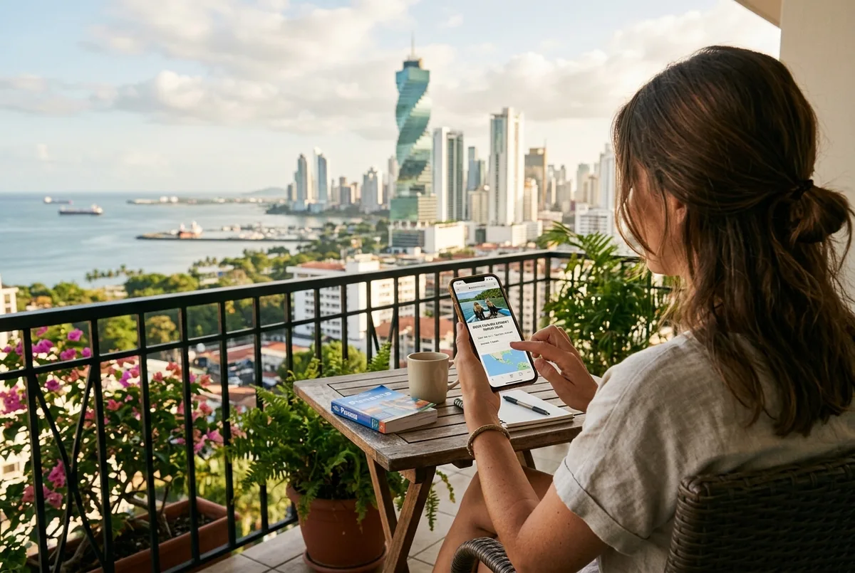 Traveler booking a panama monkey island tour on a phone from a panama city hotel balcony, morning light, booking monkey island tickets in advance