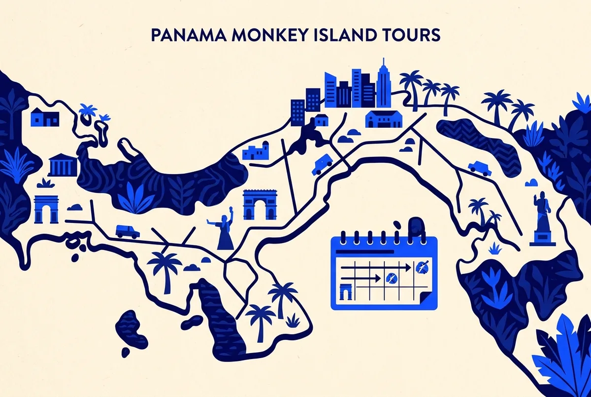 Simple calendar infographic showing peak season booking lead time for panama monkey island tours, clean icons, no prices shown