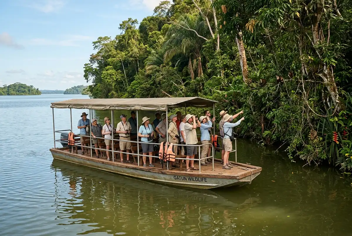 Open riverboat idling near a forested shoreline on Gatun Lake with passengers watching wildlife from the deck rather than entering the water