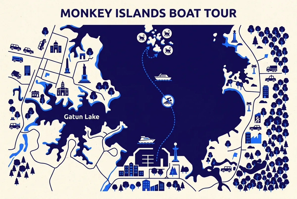 Simple labeled map showing the boat route from Gamboa Marina through Gatun Lake to the monkey-viewing islands, with the open water stretch marked as boat-only, no swimming icon, clean infographic style