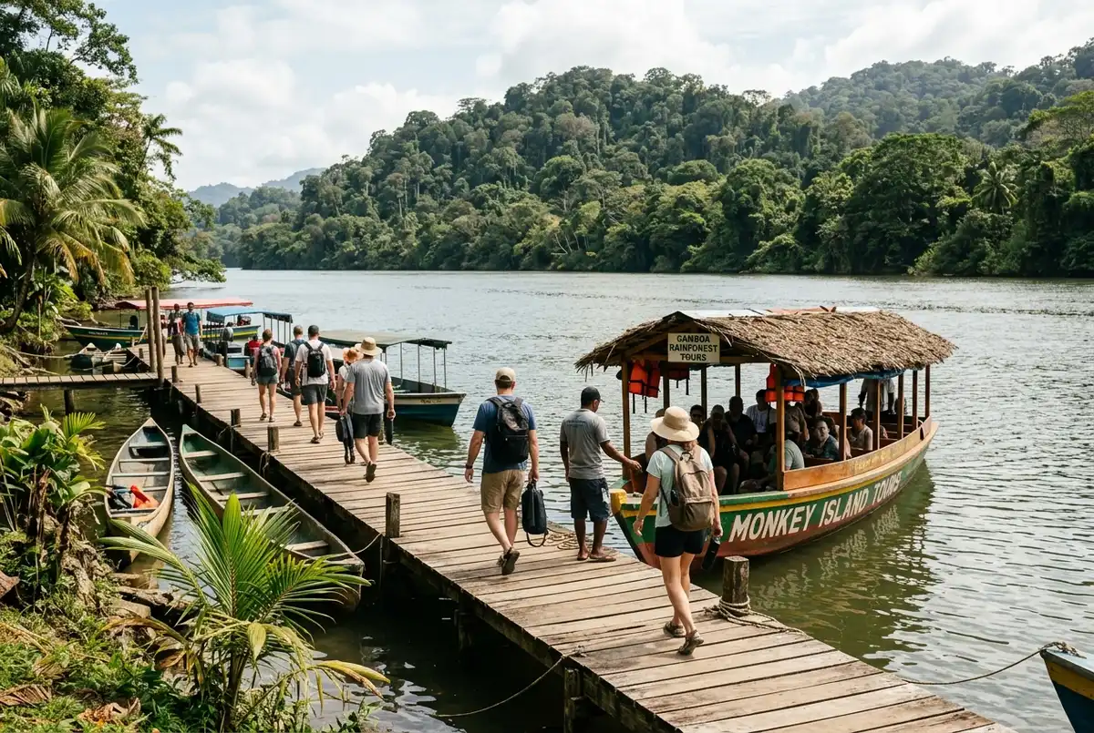 Muelle pequeño en Gamboa con un bote fluvial cargando pasajeros para un tour a la isla de los monos, fondo de selva tropical, luz de media mañana
