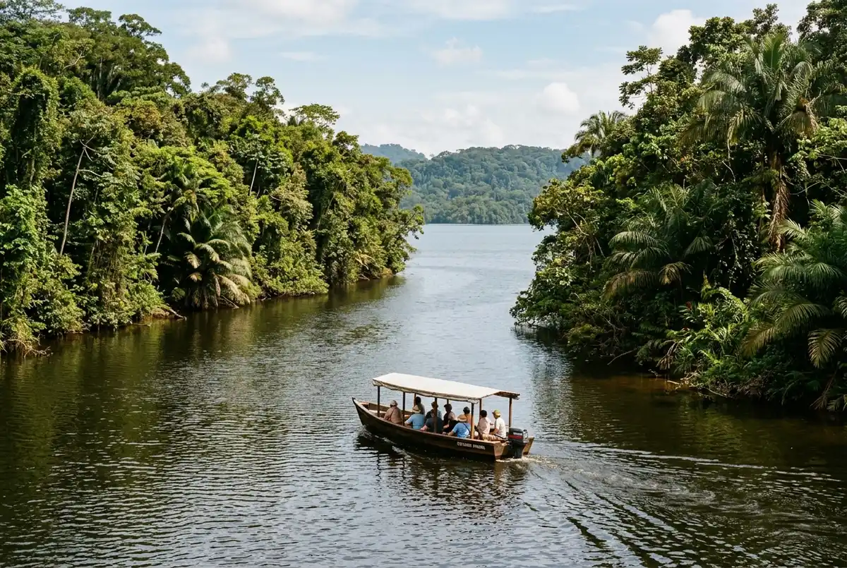 A small tour riverboat cruising the Chagres River toward Gatun Lake, dense rainforest canopy on both banks, midday light
