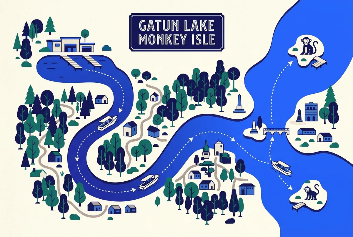 Simple route map infographic showing a boat departing Gamboa Marina, down the Chagres River, into Gatun Lake, ending at the Monkey Island stop, clean labeled style