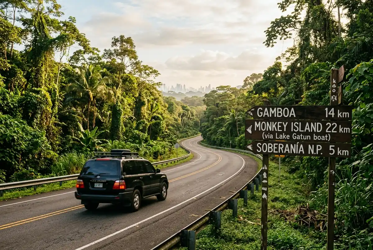 Car driving a jungle lined highway from Panama City toward Gamboa with a distance signpost, morning light, how far is monkey island from panama city concept