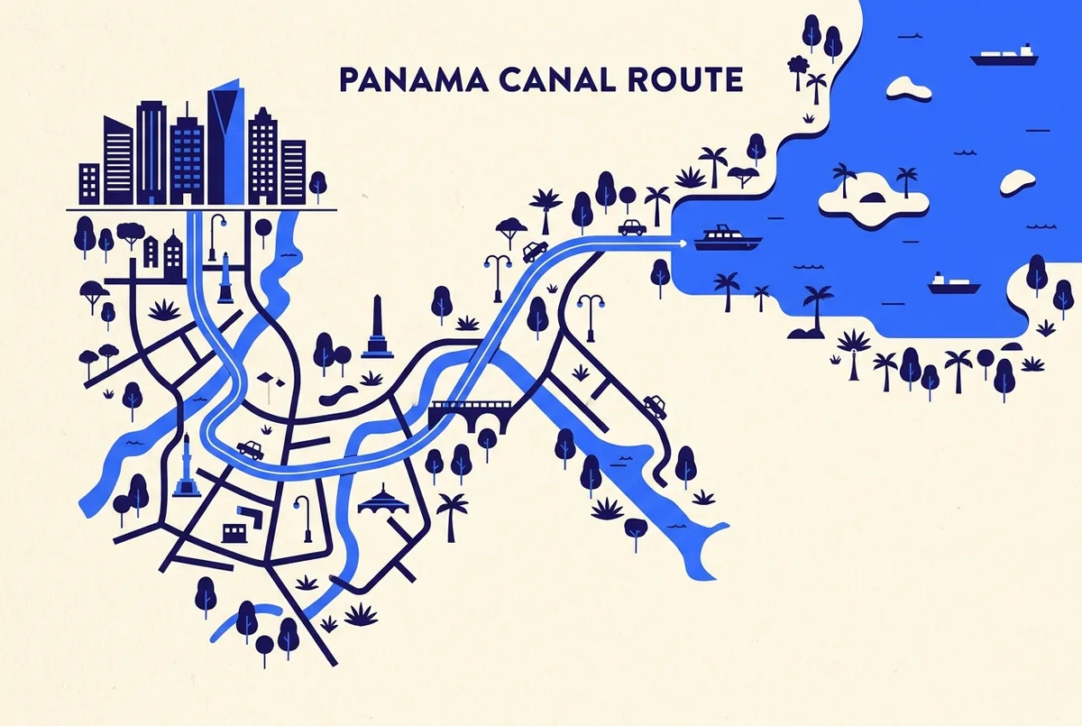 Simple distance map showing the 30 kilometer route from downtown Panama City to Gamboa Marina with a boat icon continuing into Gatun Lake, clean infographic style
