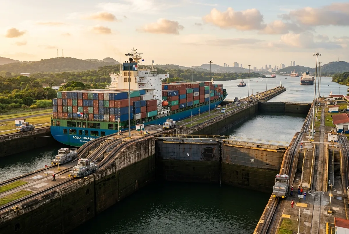 Panama Canal locks: massive lock gates holding back water as a cargo ship waits to pass through, dramatic wide shot, morning light