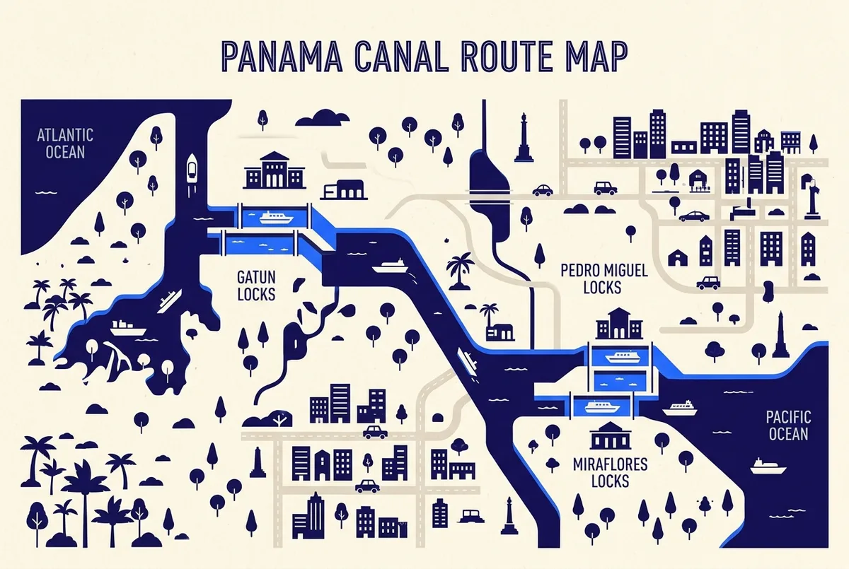 Simple infographic-style map showing the Panama Canal's three lock systems, Gatun, Pedro Miguel and Miraflores, labeled along the route from Atlantic to Pacific, clean minimal style