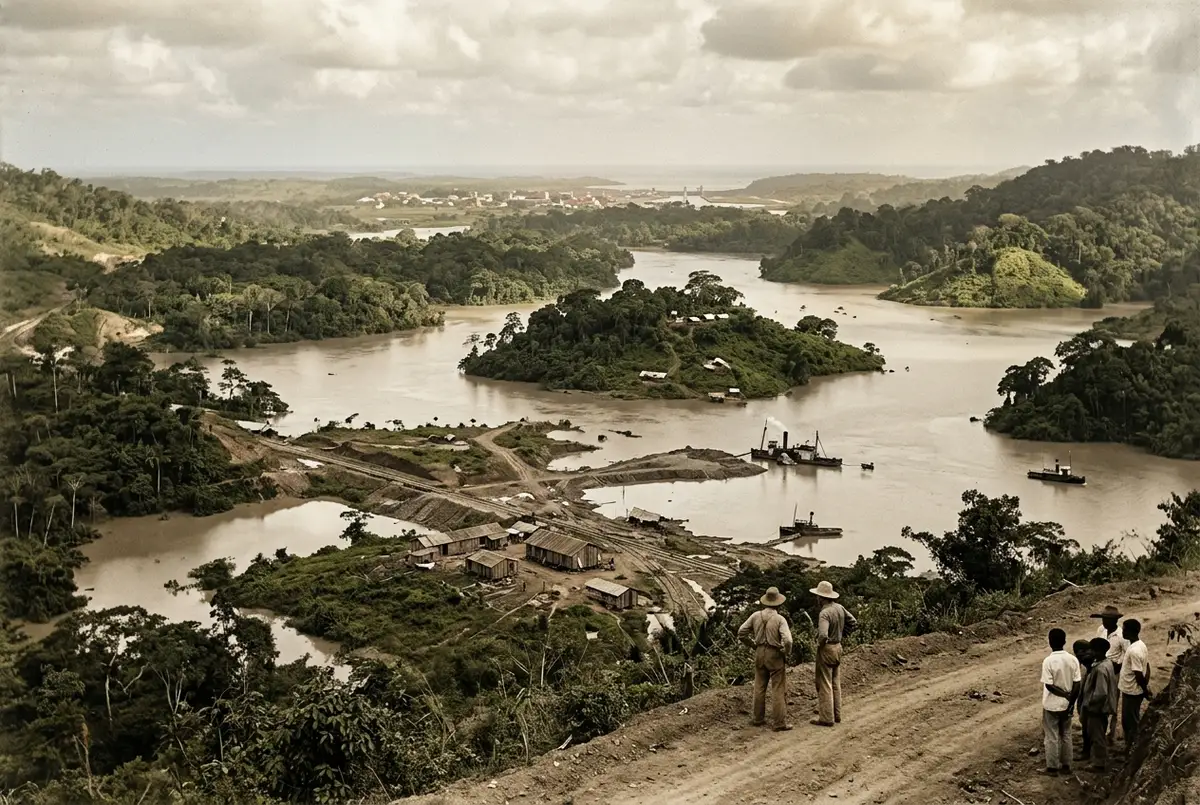 Historical-style illustration of a forested river valley being flooded by rising water, with hilltop forests becoming isolated islands, Panama Canal construction era