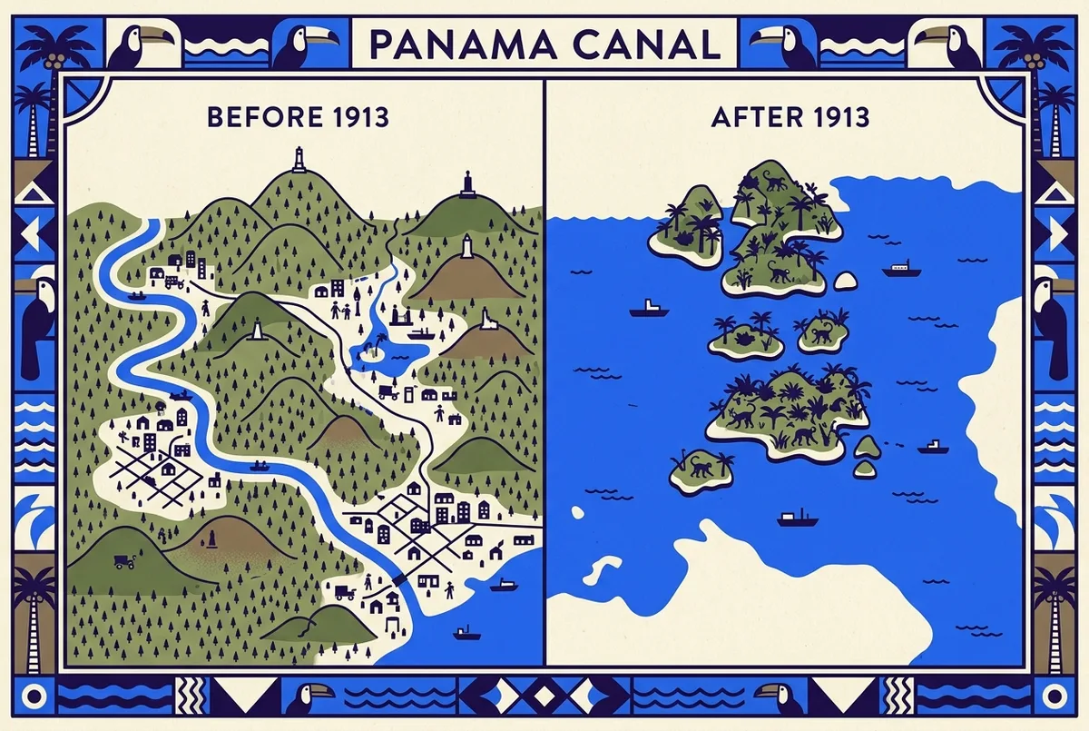 Simple before-and-after map diagram showing the Chagres River valley before the 1913 flooding and the same area after, with former hilltops marked as the isolated islands now called Monkey Island