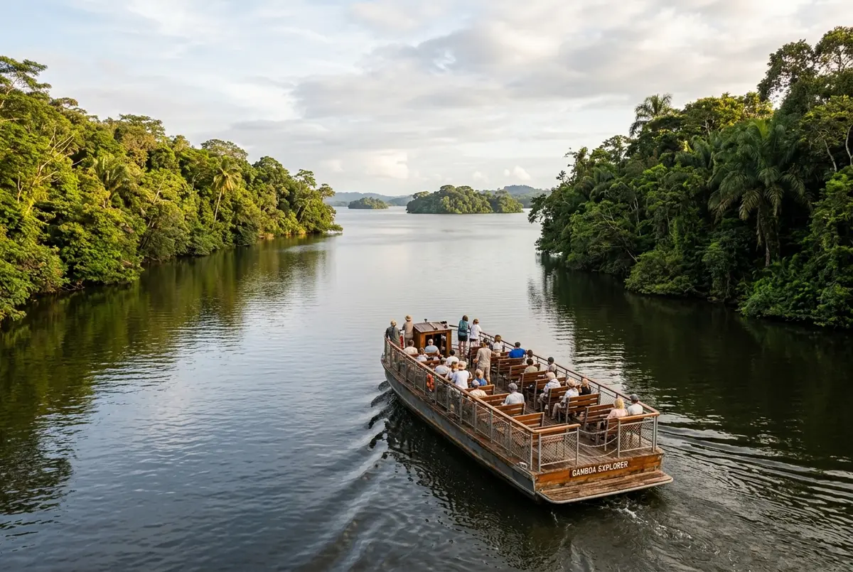 Bote fluvial navegando por el río Chagres desde el Muelle de Gamboa hacia la isla de los monos en el lago Gatún, luz de la mañana, selva tropical en ambas orillas