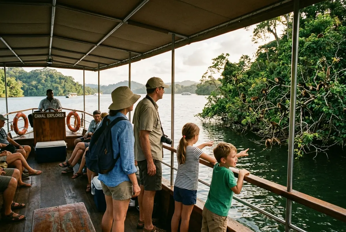 Family with two children watching monkeys from a shaded boat deck at monkey island panama, warm afternoon light, is monkey island good for kids