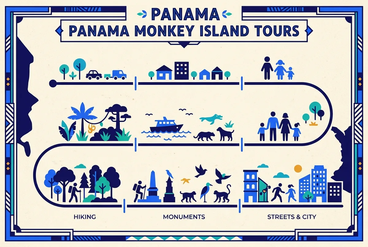 Simple age suitability infographic for panama monkey island combo tours, clean labeled icons, no stock photos