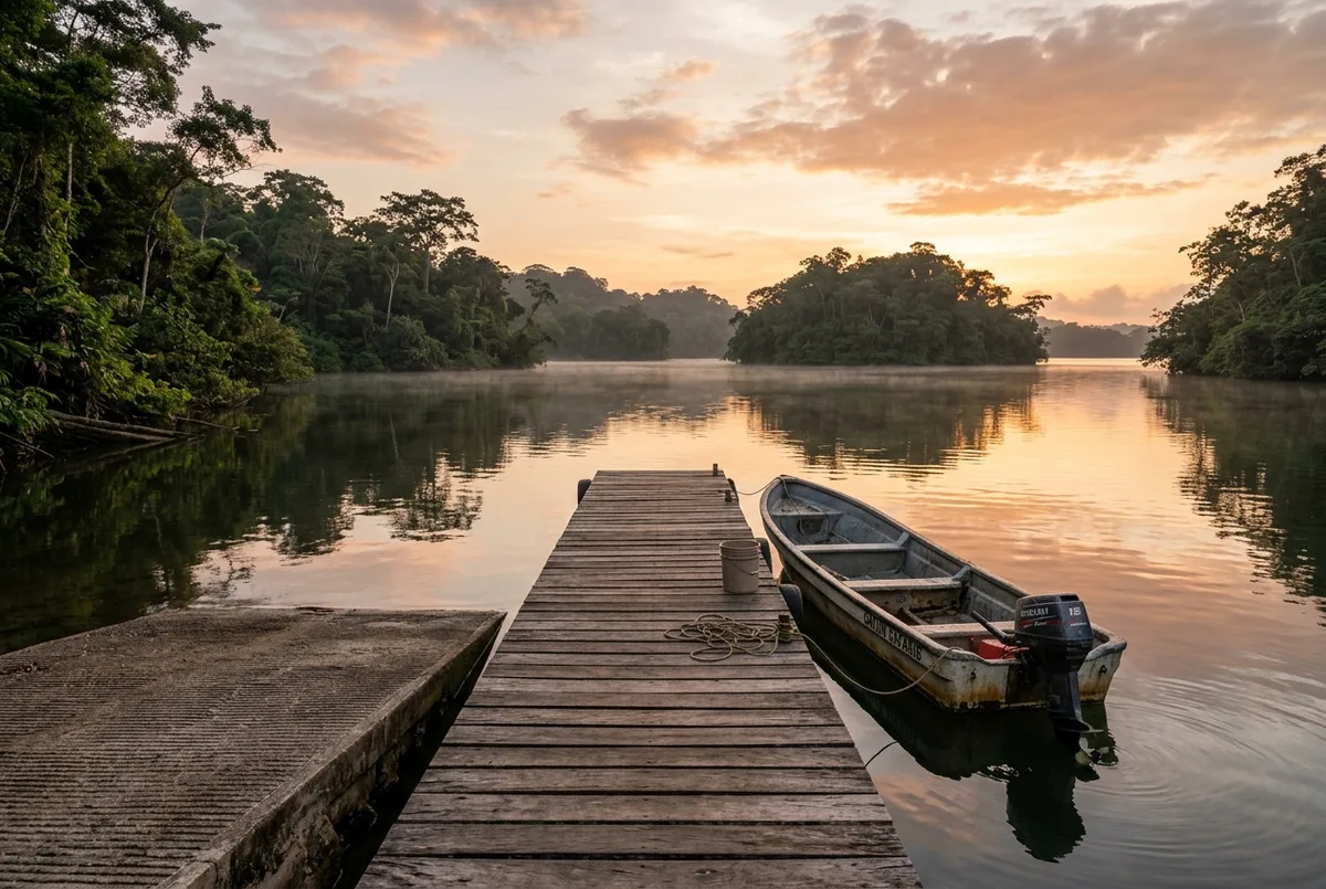 Wooden dock and boat ramp at gatun lake with no gate or ticket booth visible, early morning light, is monkey island open