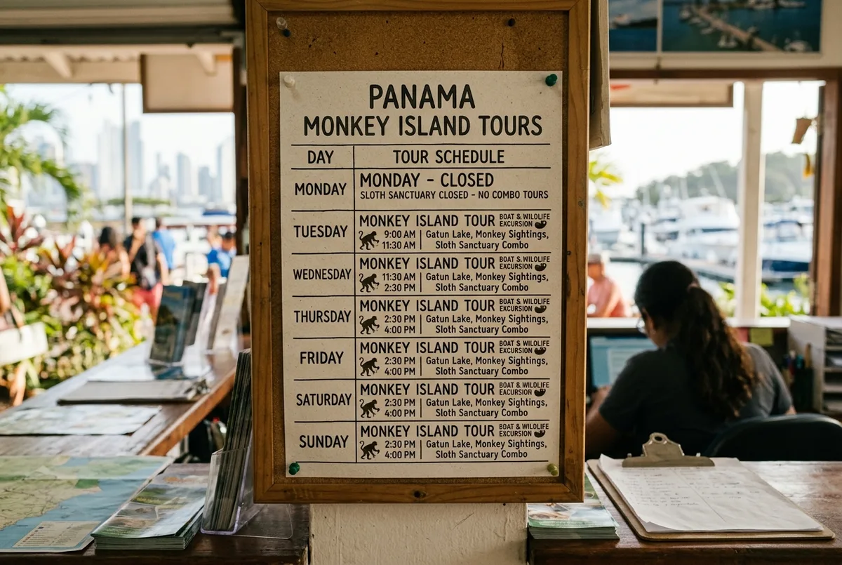 Simple weekly calendar graphic showing panama monkey island tours running every day except one sloth sanctuary combo closed on monday, clean editorial style