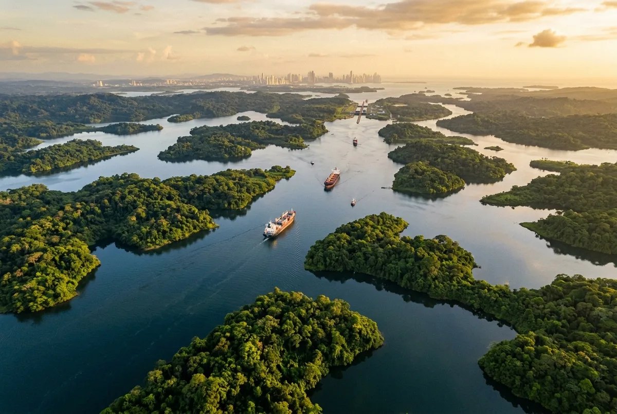 Aerial view of several forested islands scattered across Gatun Lake in the Panama Canal watershed, calm water, late afternoon light