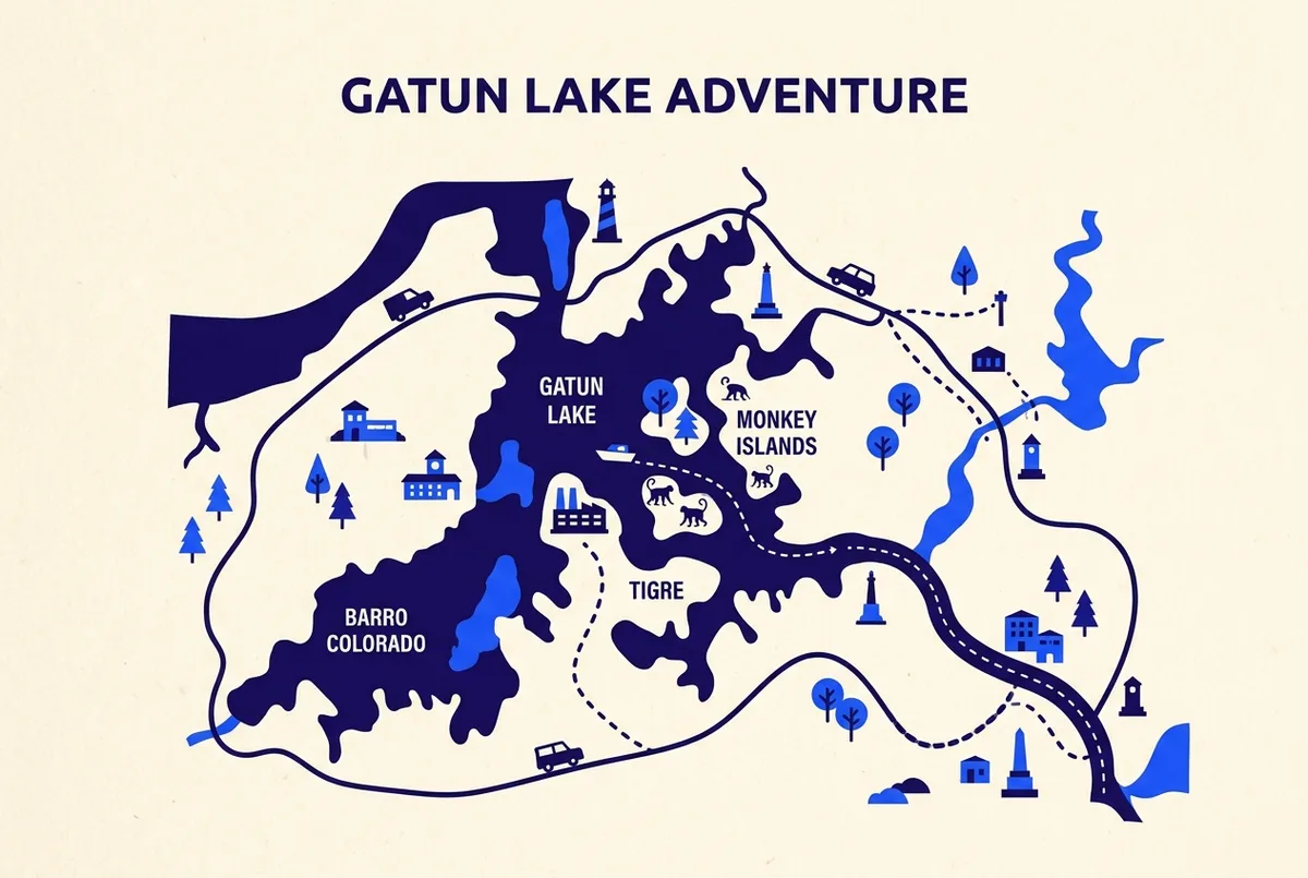 Simple labeled map of Gatun Lake showing Barro Colorado Island, Tigre Island and the Monkey Islands as distinct points, clean infographic style