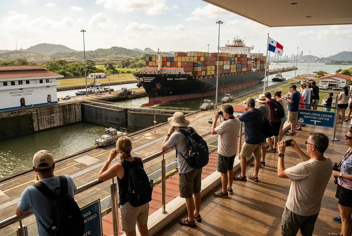 Tourists watching a cargo ship transit the Miraflores Locks from a visitors center viewing deck, Panama Canal, midday light