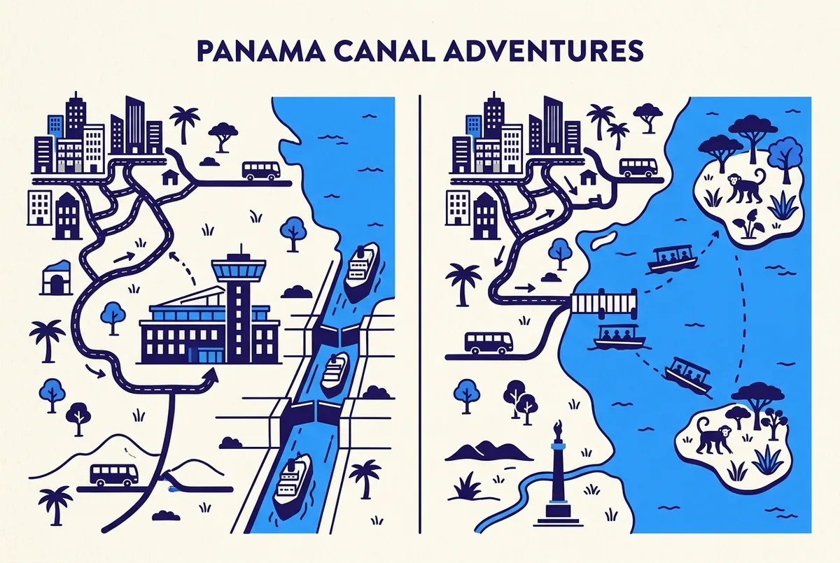 Side by side itinerary graphic comparing a Miraflores Locks museum and viewing deck stop against a Gatun Lake boat crossing to the monkey islands, clean icon style