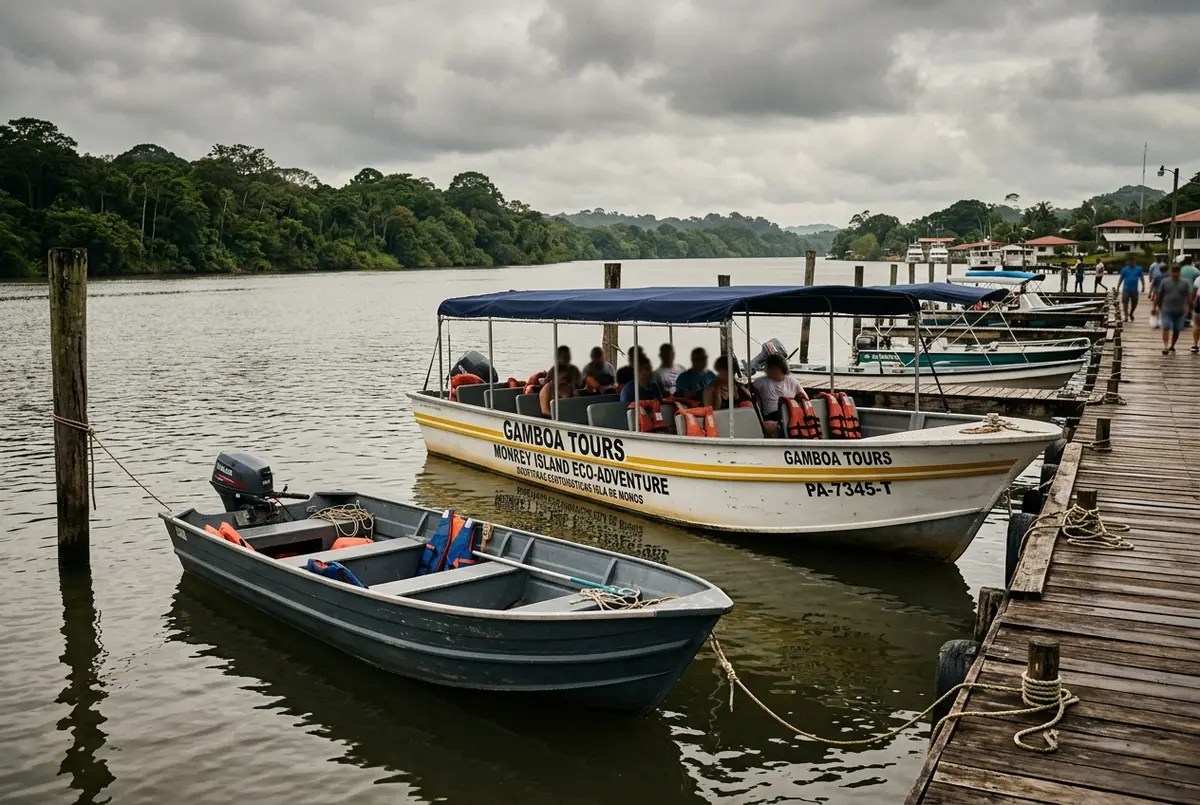 Small unmarked rental boat tied up at Gamboa Marina dock next to a licensed tour boat, overcast morning light, panama monkey island boat rentals concept
