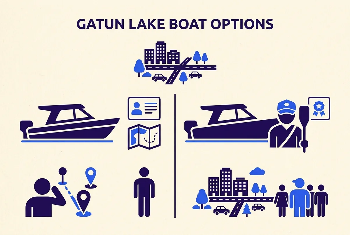 Simple comparison infographic showing permit and guide requirements for a private boat rental versus a licensed guided tour on Gatun Lake, clean style