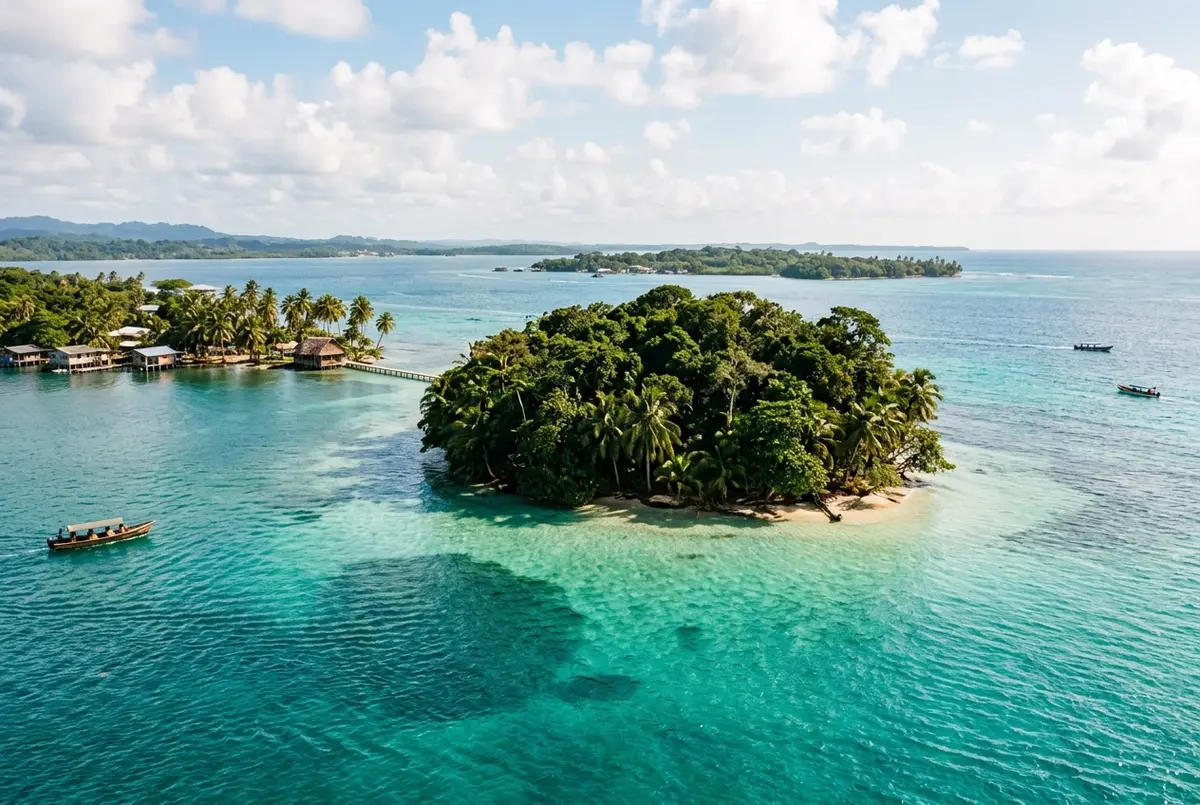 Small forested tropical island surrounded by turquoise Caribbean water near Bocas del Toro, Panama