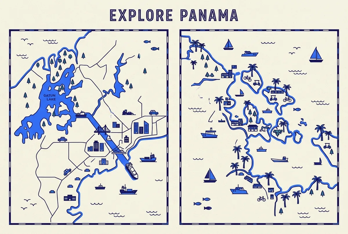 Simple side-by-side map showing Panama City and the Gatun Lake Monkey Island on one side, and Bocas del Toro on the Caribbean coast on the other, clean infographic style