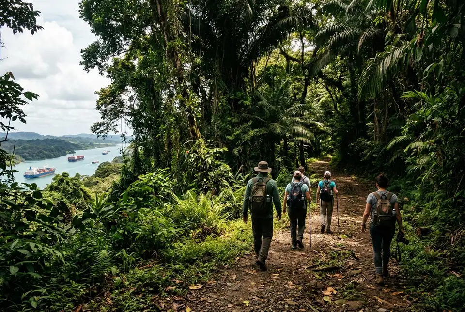 Hikers walking the Pipeline Road jungle trail near Soberania National Park with dense rainforest canopy overhead, Panama canal and monkey eco tour