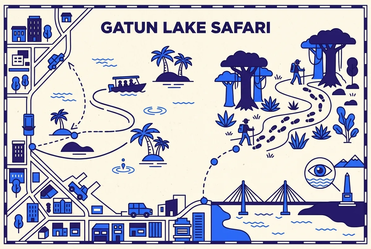 Infographic map showing the fast boat safari route on Gatun Lake, the Pipeline Road trail walk, and the Centennial Bridge viewpoint stop, simple labeled icons, no prices
