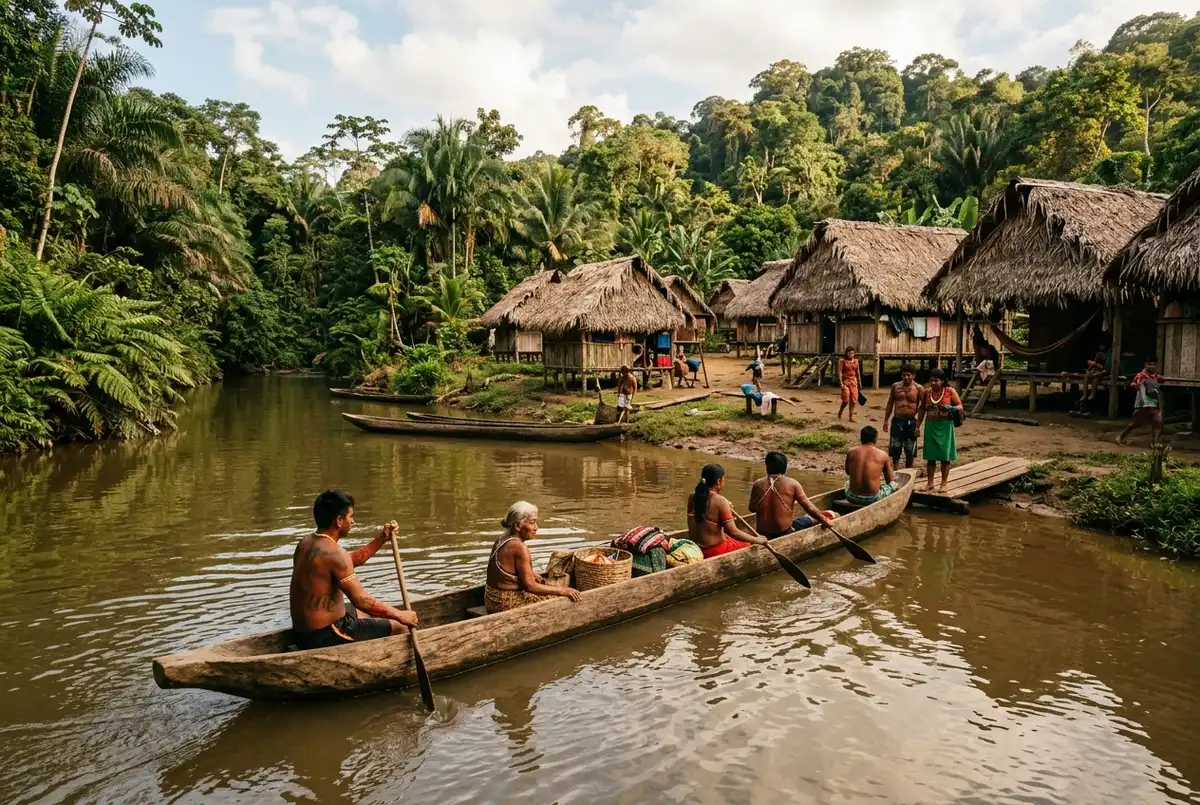 Traditional dugout canoe arriving at an Embera village on the Chagres River with thatched huts and rainforest, monkey island embera village tour