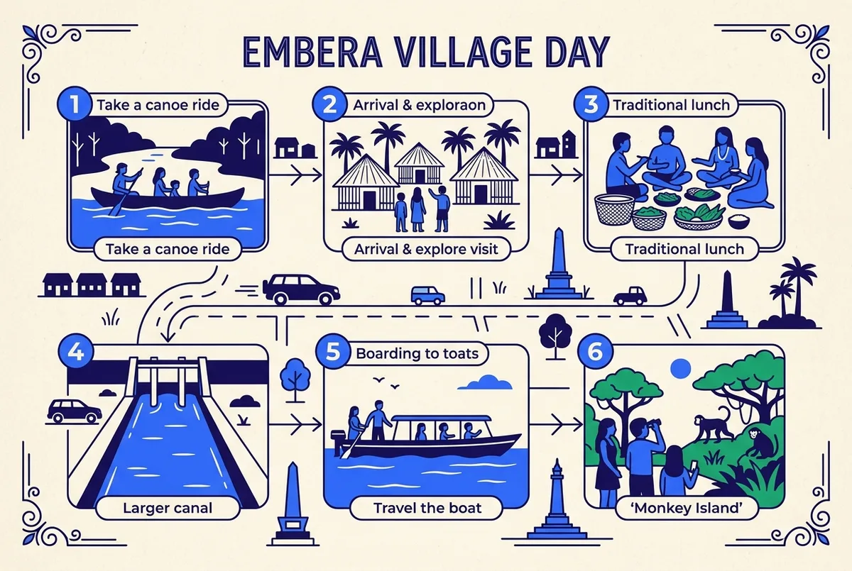 Infographic timeline showing the Embera village day: canoe ride, village visit, traditional lunch, drive to the canal, boat to Monkey Island, clean labeled icons, no prices