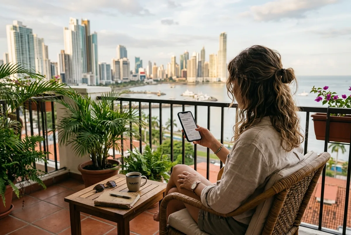 Traveler checking a monkey island tour free cancellation policy confirmation email on a phone at a panama city hotel balcony, relaxed morning light
