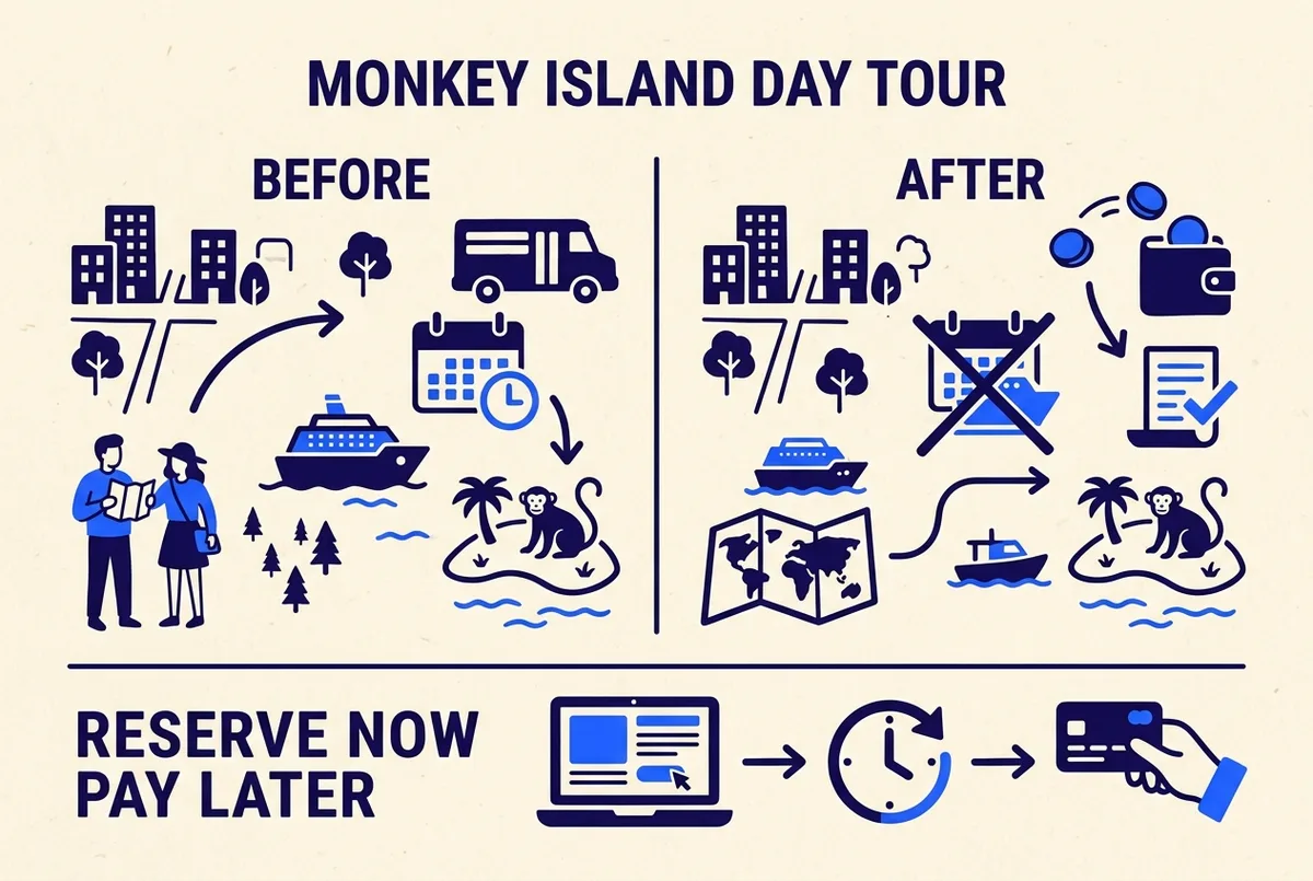 Simple before and after infographic showing the 24 hour monkey island tour cancellation window and the reserve now pay later step, clean icons, no prices shown