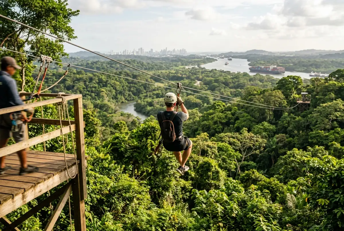 Traveler ziplining across a rainforest canopy platform near the Panama Canal with lush green treetops below, monkey island gamboa zipline tour