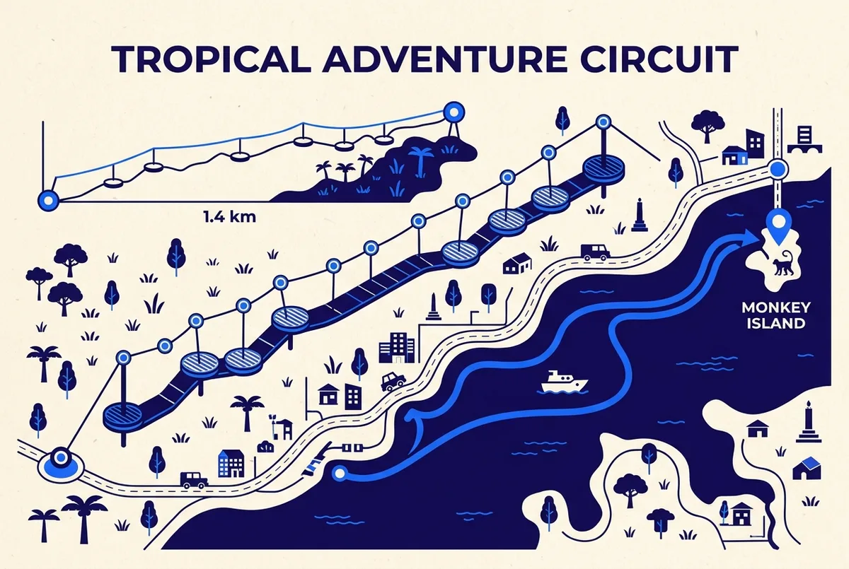 Infographic showing the 1.4 kilometer, 13 platform zipline circuit profile next to the Gatun Lake boat route to Monkey Island, simple elevation line, no prices