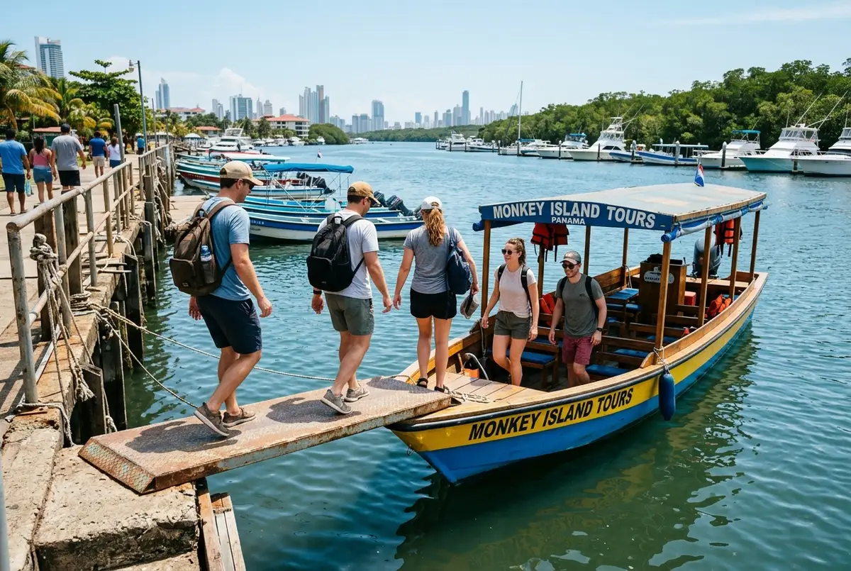 Small group boarding a monkey island tour boat from a panama city area dock ramp, midday light, monkey island tour group size and accessibility
