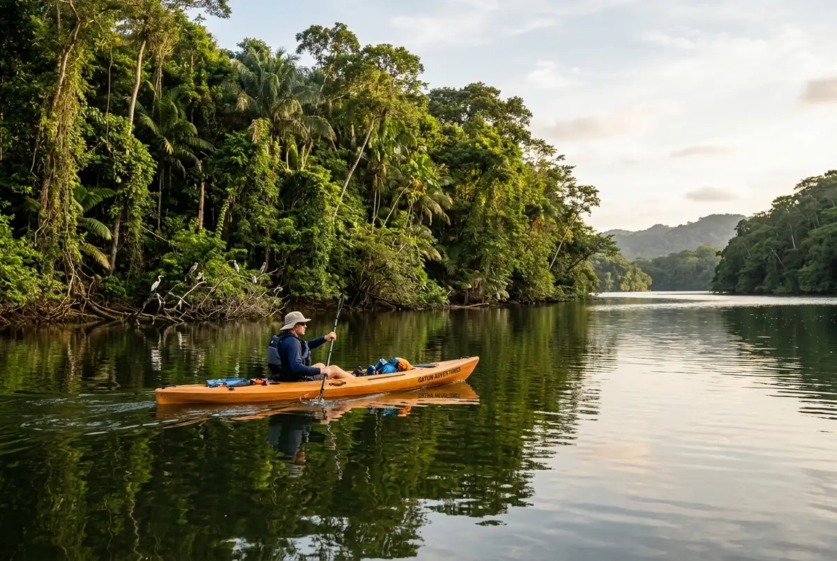 Kayaker paddling a calm inlet of Gatun Lake near Gamboa with dense rainforest shoreline, monkey island kayak