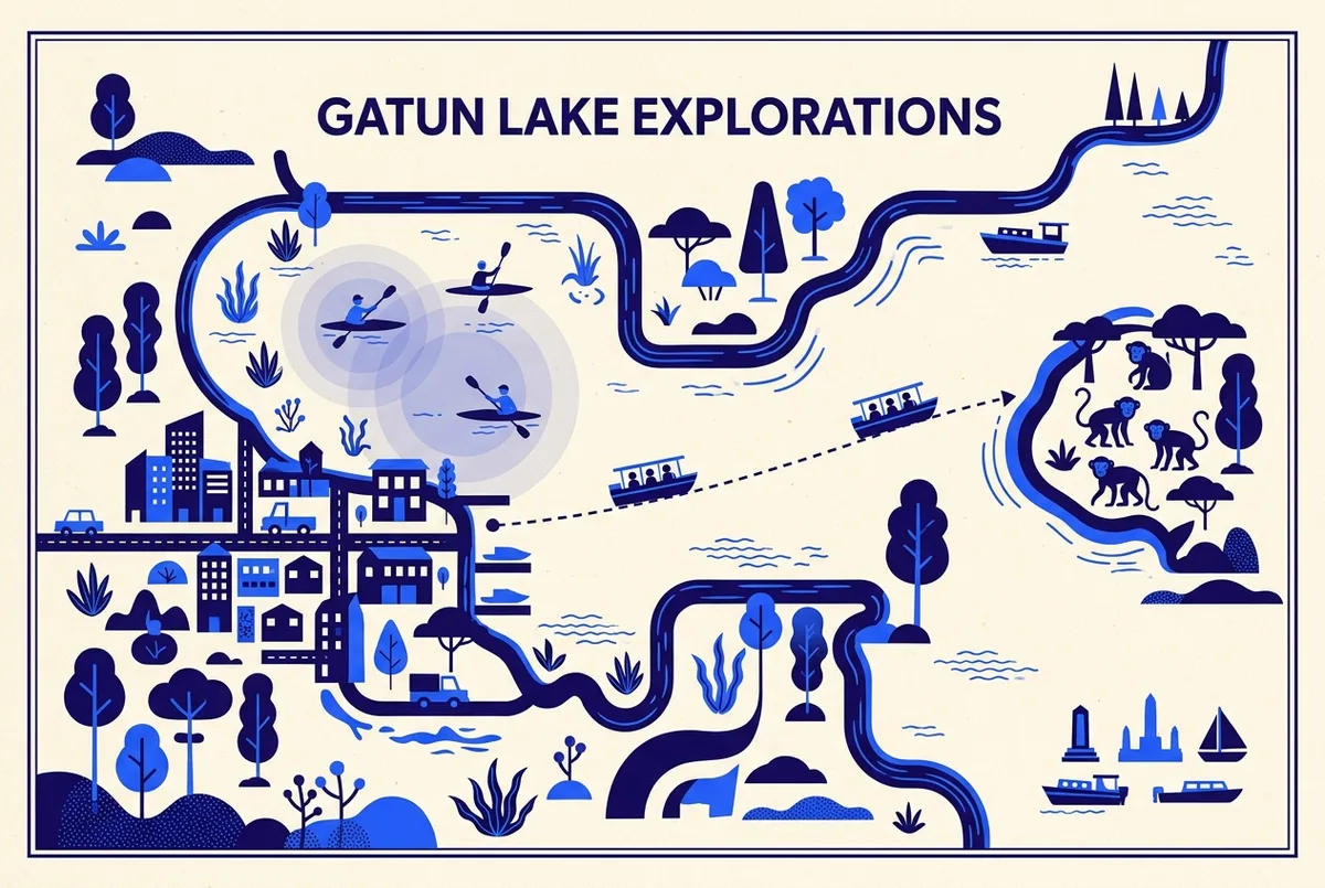 Simple map comparing the kayak paddling zone near Gamboa Marina against the boat route out to the Monkey Island wildlife stop on Gatun Lake, labeled icons, no prices