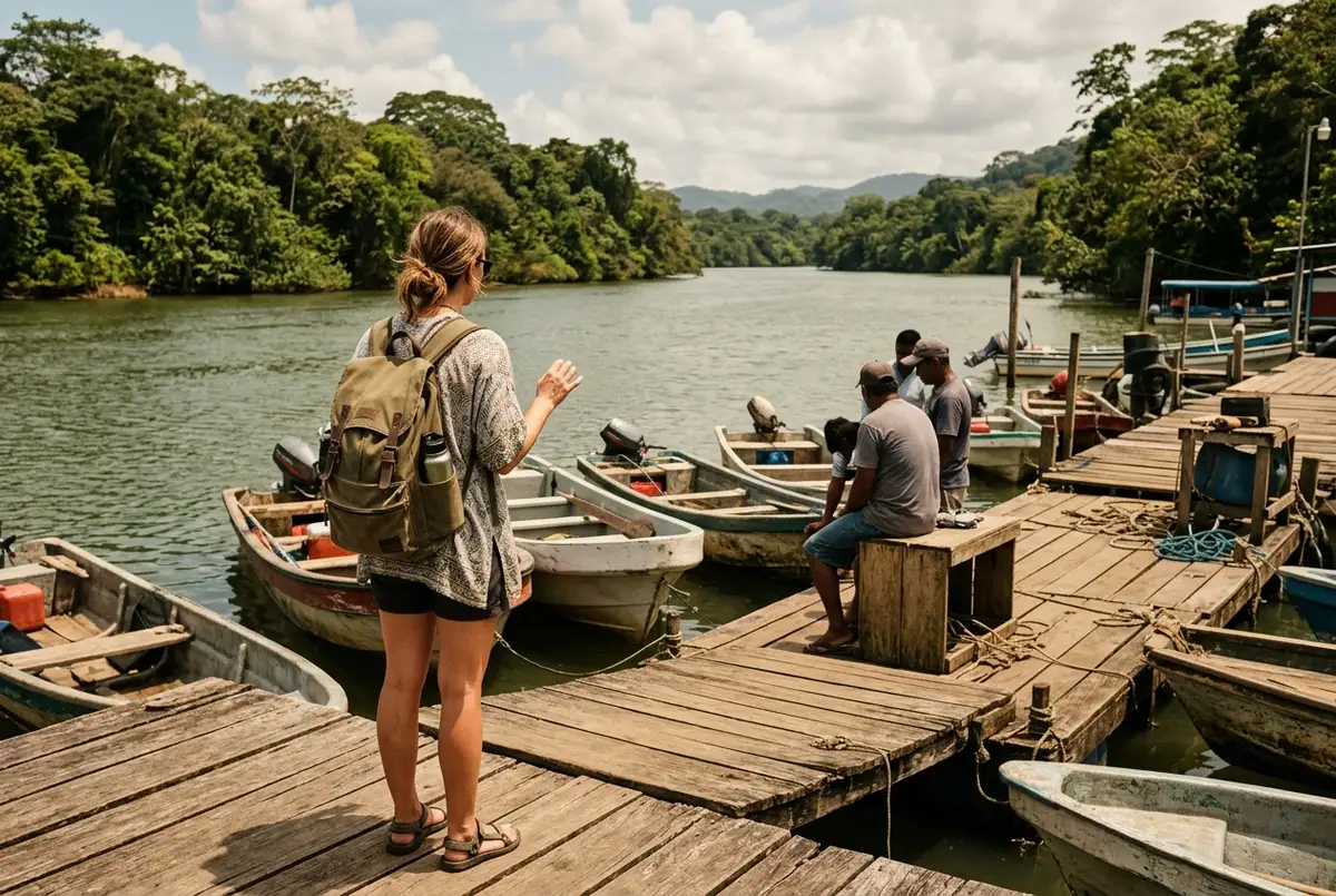 Independent traveler with a backpack standing at Gamboa Marina dock looking at unmarked boats, trying to arrange a diy trip, midday light