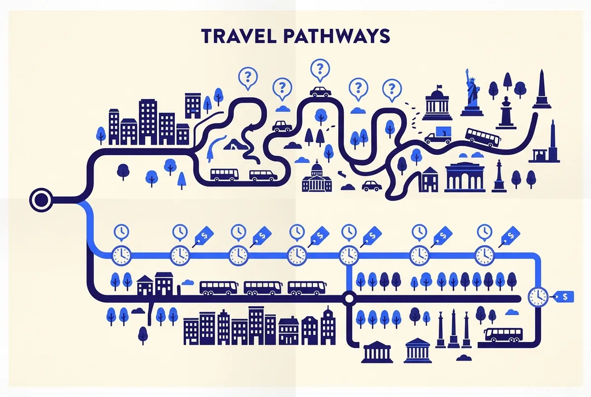 Simple comparison infographic showing a DIY route with question marks for cost and time versus a guided tour route with fixed price and schedule, clean style