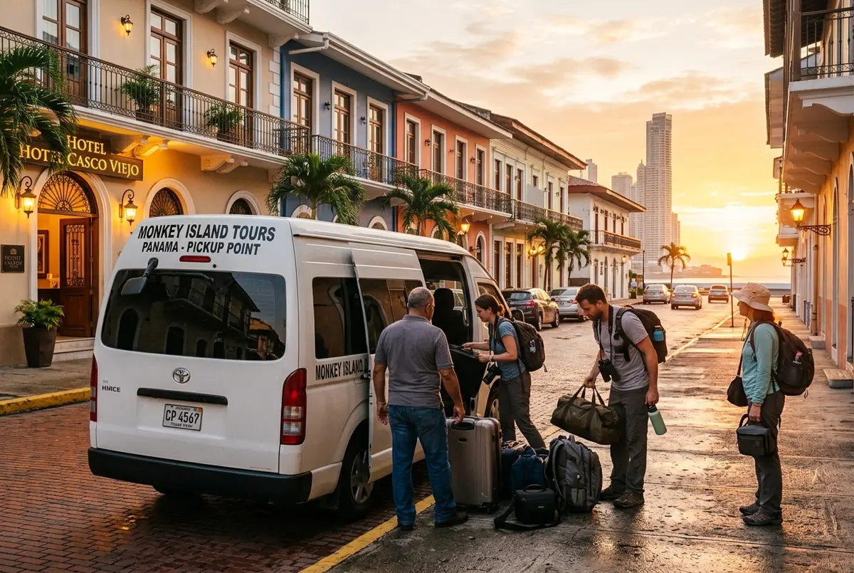 Small tour van picking up travelers outside a downtown Panama City hotel at sunrise, luggage and binoculars visible, monkey island tour pickup