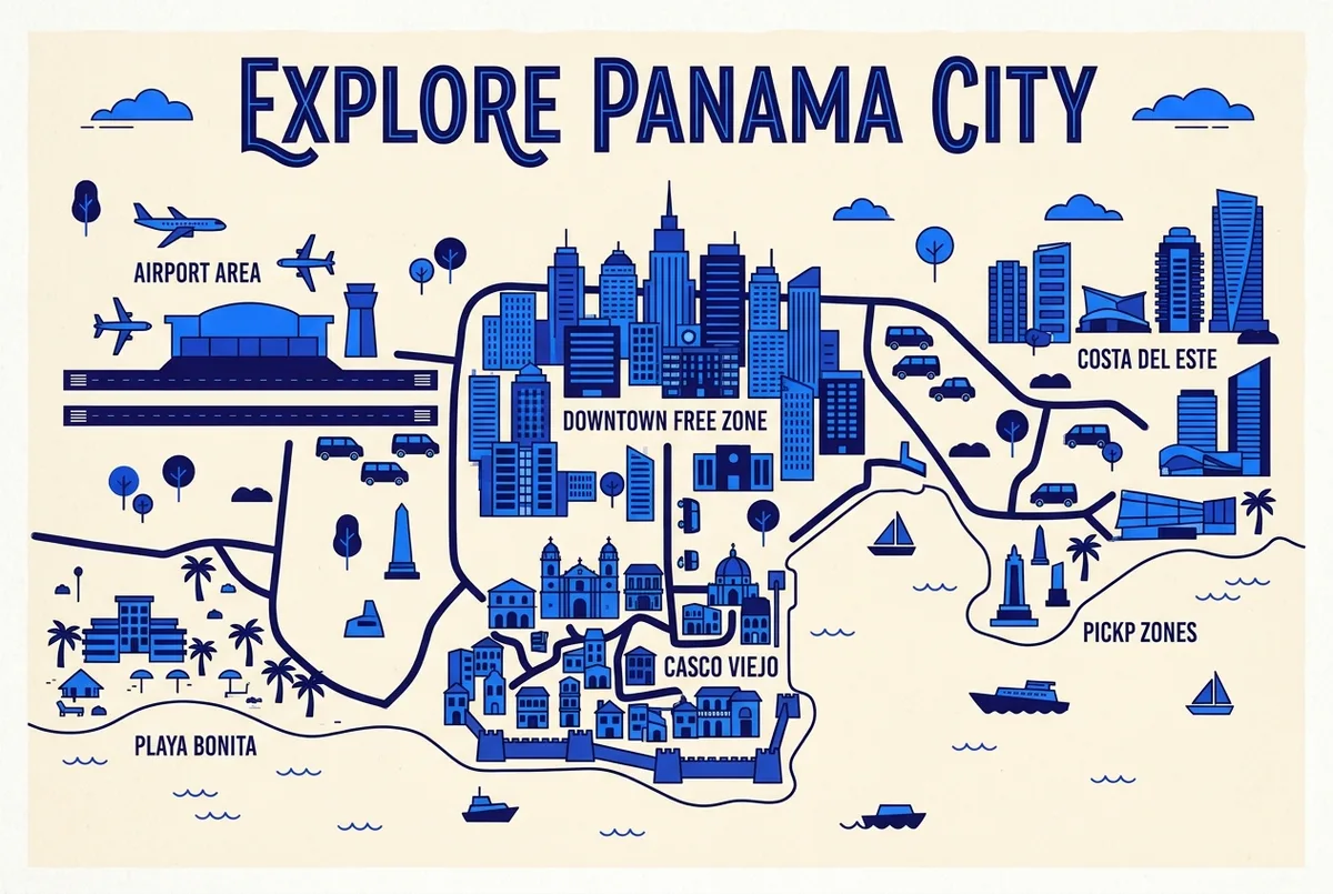 Simple labeled map showing Panama City pickup zones, downtown free zone, Casco Viejo, Playa Bonita, Costa del Este and the airport area, with no prices shown