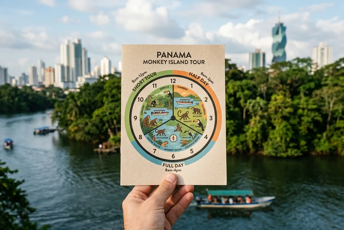 Split clock face graphic showing short, half day and full day time blocks for a panama monkey island tour, clean editorial style