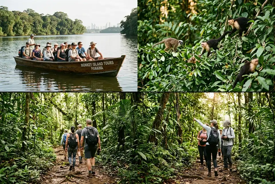 Split scene comparing a Monkey Island wildlife boat tour with hikers on a Soberania National Park jungle trail, Panama wildlife tour comparison