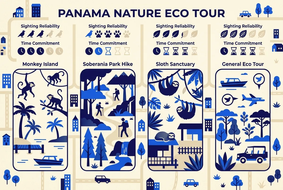 Simple comparison chart of Monkey Island, a Soberania park hike, a sloth sanctuary visit and a general eco tour across sighting reliability and time commitment, labeled icons, no prices