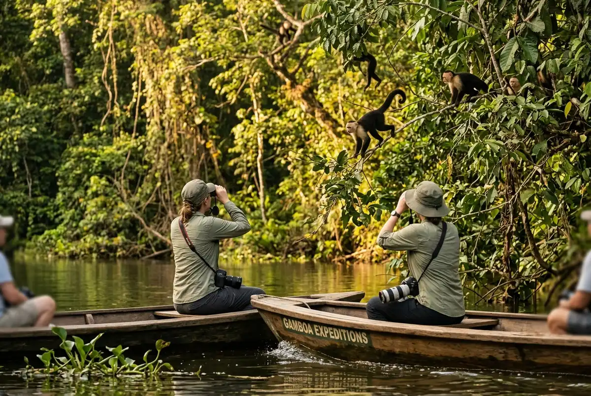 Viajero en un bote observando monos capuchinos salvajes en el dosel de la selva en la isla de los monos sobre el lago Gatún, luz dorada de la tarde