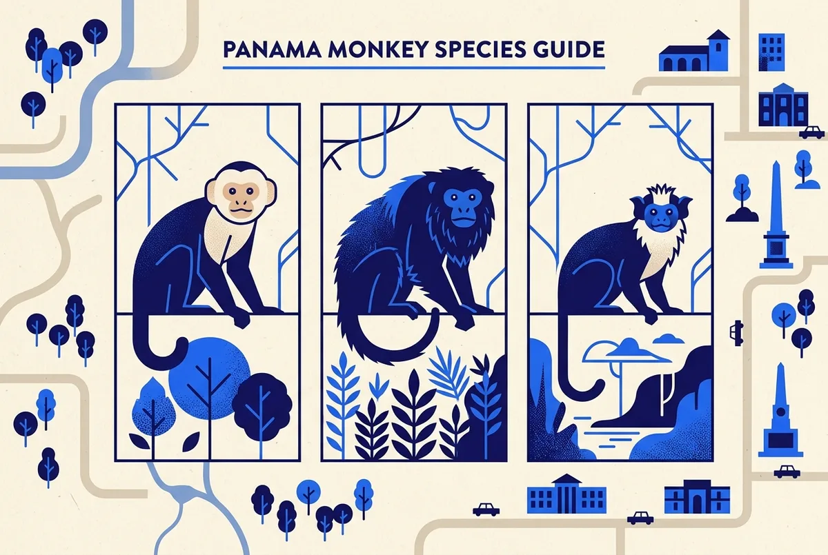Side by side identification illustration comparing a white-faced capuchin, a mantled howler monkey and a Geoffroy's tamarin, labeled Panama Monkey Island species guide, clean educational infographic style