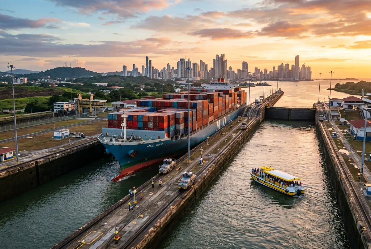 A cargo ship transiting a Panama Canal lock at sunrise with a small tour boat passing nearby, wide establishing shot